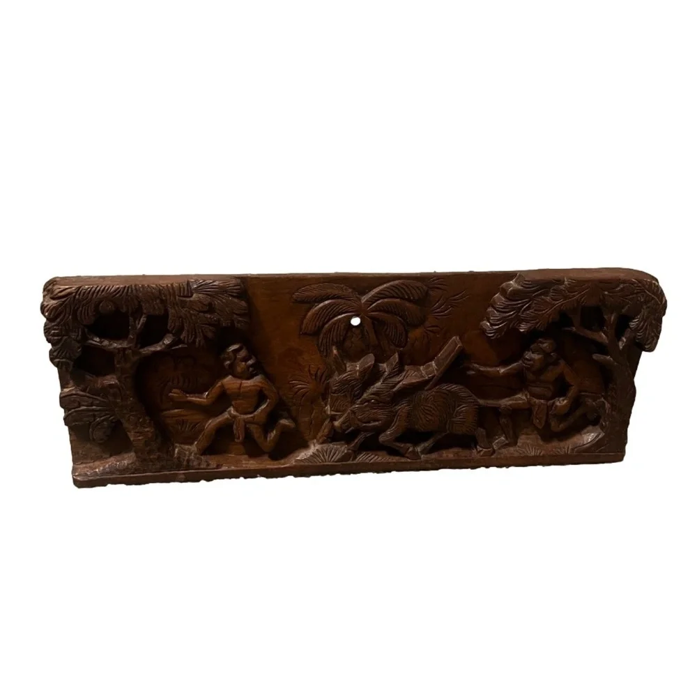 Vintage African Wooden Hand-carve Panel Wall Plaque Hunting Carving Wall Hanging